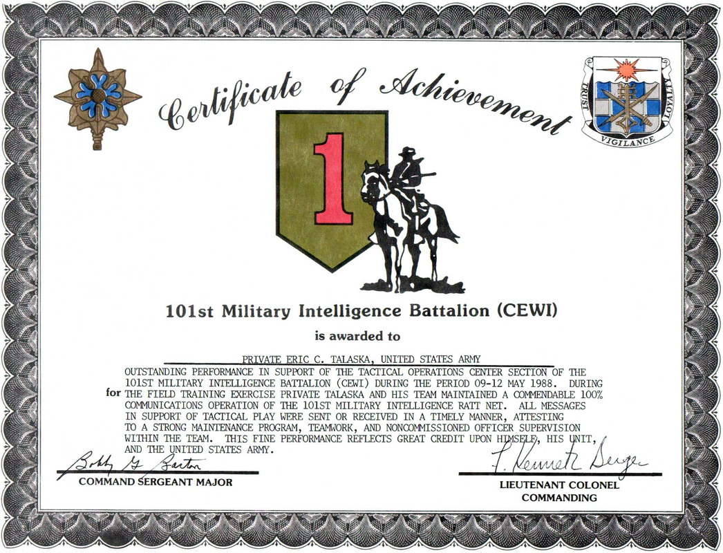 101st Military Intelligence Battalion (CEWI) Certificate of Achievement - Eric Talaska