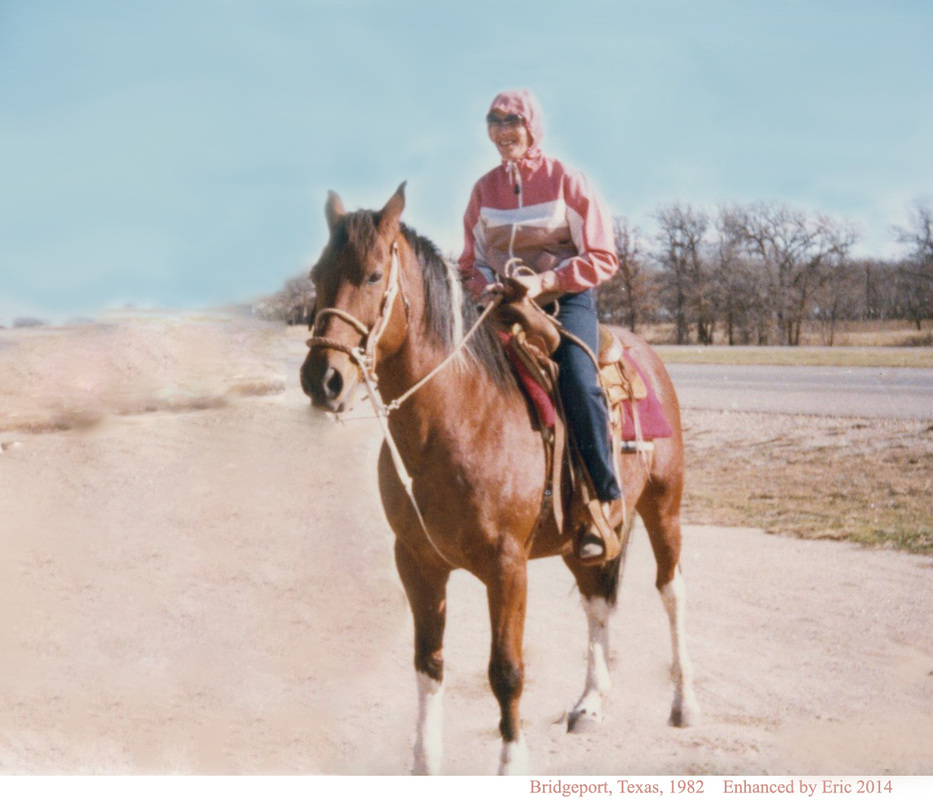 Erika Talaska riding horse in Bridgeport, Texas, 1982
